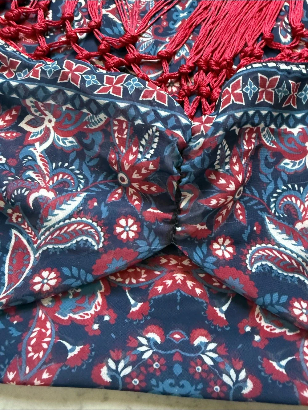 Boho Paisley Fringe Bandana Scarf in Navy and Red